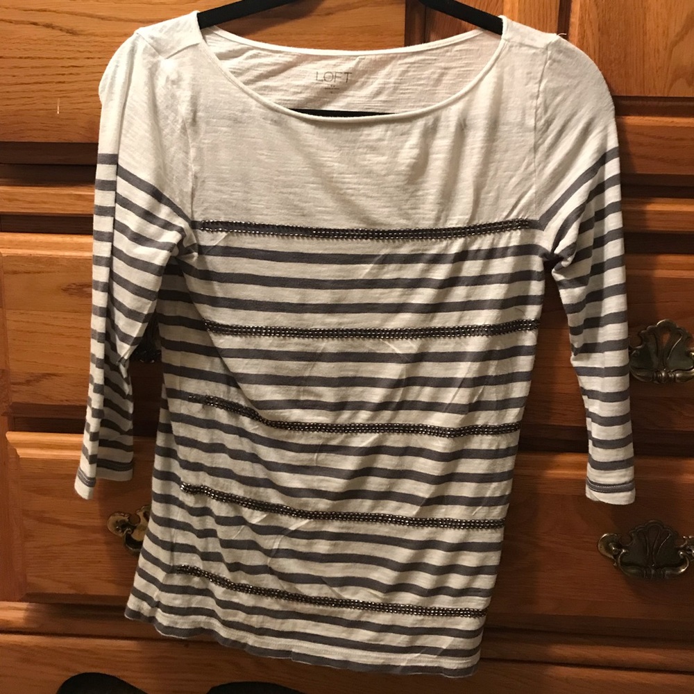 Loft 3/4 sleeve white and gray striped shirt